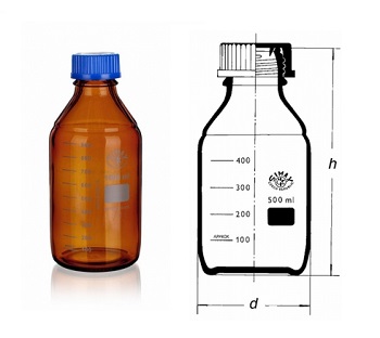 Frasco cilndrico, rosca ISO, vidrio borosilicato SIMAX® c/ tapn DIN GL45 y anillo color azul, color topacio/mbar