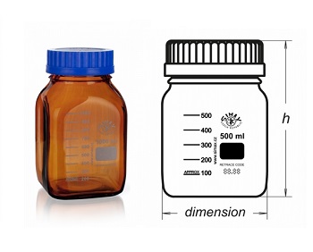 Frasco rectangular, rosca ISO, vidrio borosilicato SIMAX® c/ tapn DIN GL80 y anillo color azul, color topacio/mbar