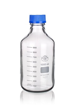 Frasco cilndrico, rosca ISO, vidrio borosilicato SIMAX® c/ tapn DIN GL45 y anillo color azul, p/ trabajo c/ presiones altas, esterilizacin