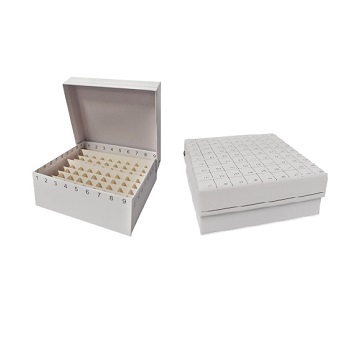 Caja para crioviales hasta 2 mL, congelable, color blanco, tapa Abatible, cart�n, CHEMILABOR&reg;