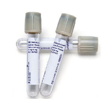 Tubos p/ extraccin de sangre BD VACUTAINER™ p/ determinacin de glucosa y lactato c/ Fluoruro de Sodio y EDTA 2Na (disdico), 13x75 mm, 2 mL, tapn gris, PET, c/ etiqueta transparente, 1000 Unid, BECTON DICKINSON®