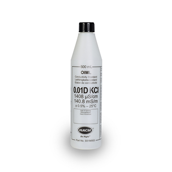 Solucin estndar, conductividad OImL certificada, 1408 &miro;S/cm, KCl 0,01 D, 500 mL, HACH®