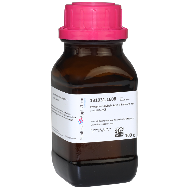 cido Fosfomolbdico x-hidrato (Reag. Ph. Eur.) para anlisis, ACS, 100 g (Acido Dodecamolibdofosfrico, Acido Molibdofosfrico), PANREAC APPLICHEM®