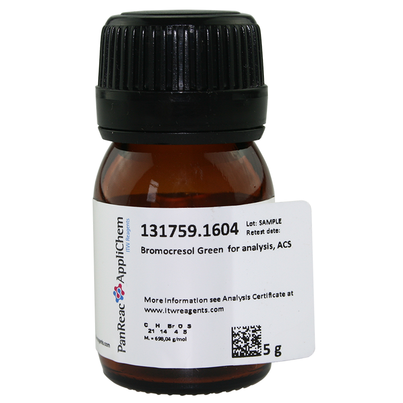 Verde de Bromocresol para anlisis, ACS, 5 g (3,3#,5,5#-Tetrabromo m-Cresolsulfonftalena, BCG), PANREAC APPLICHEM®