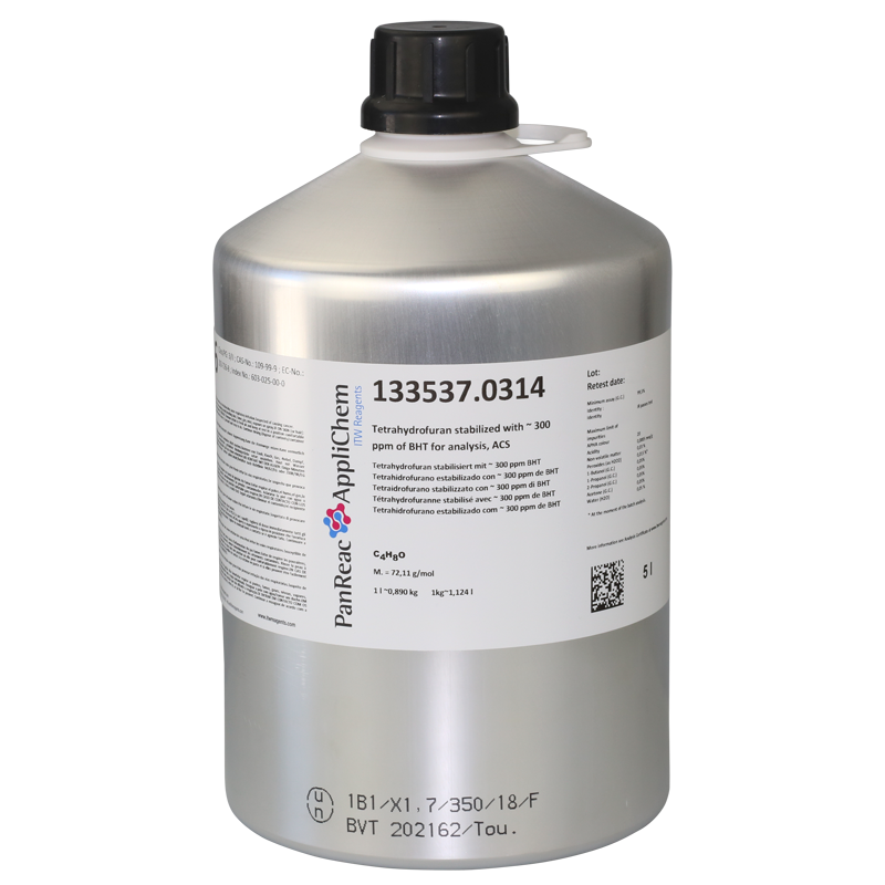 Tetrahidrofurano estabilizado con ~ 300 ppm de BHT para anlisis, ACS, 5 L (Oxido de Dietileno, Oxido de Tetrametileno, THF), PANREAC APPLICHEM®