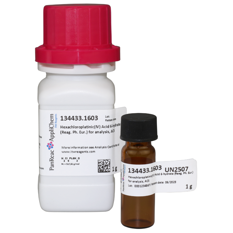 cido Hexacloroplatnico(IV) 6-hidrato (Reag. Ph. Eur.) para anlisis, ACS, 1 g (Acido Cloroplatnico, Cloruro Platnico, Hidrgeno Hexacloroplatinato), PANREAC APPLICHEM®