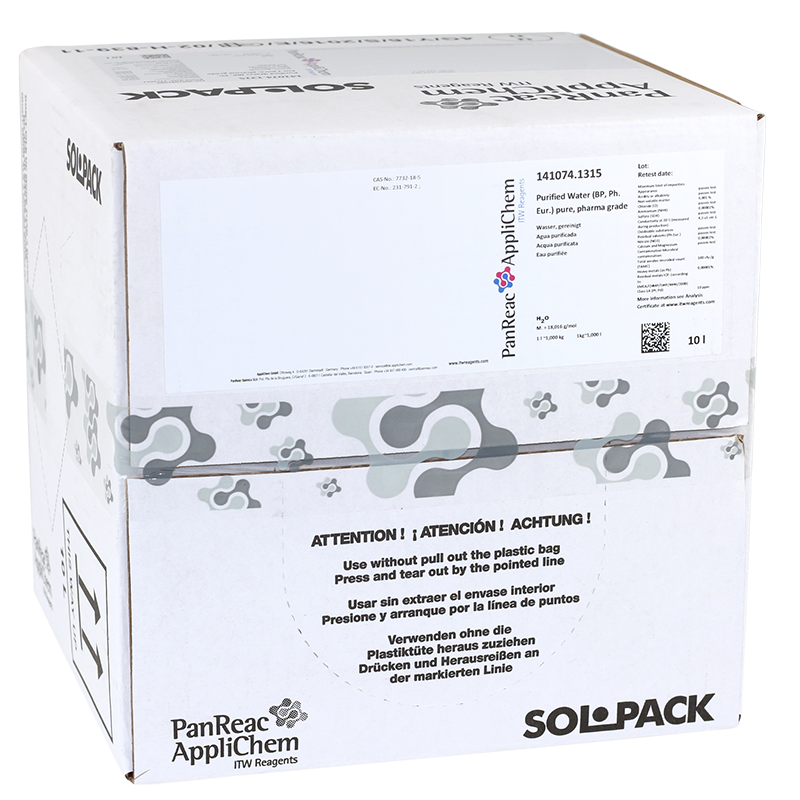 Agua purificada (BP, Ph. Eur.) puro, grado farma, 10 L (Hidrgeno Oxido), PANREAC APPLICHEM®