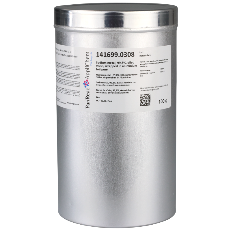 Sodio metal, 99.8%, barras recubiertas de aceite, envueltas en aluminio puro, 100 g, PANREAC APPLICHEM®