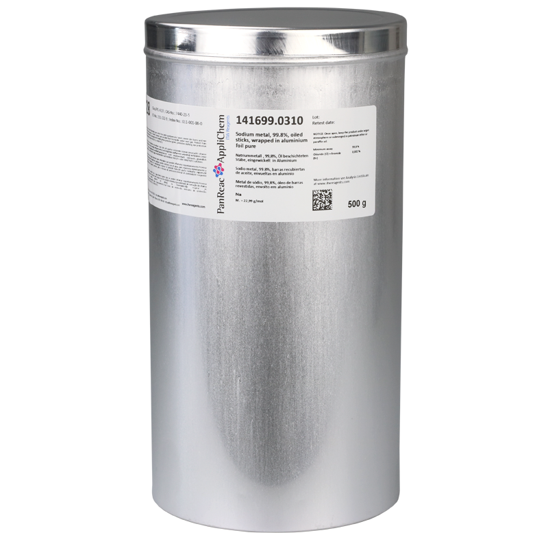Sodio metal, 99.8%, barras recubiertas de aceite, envueltas en aluminio puro, 500 g, PANREAC APPLICHEM®