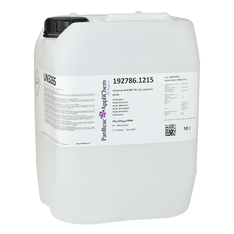 cido Octanoico (BP, Ph. Eur.) grado farma, 10 L (Acido Caprlico), PANREAC APPLICHEM®