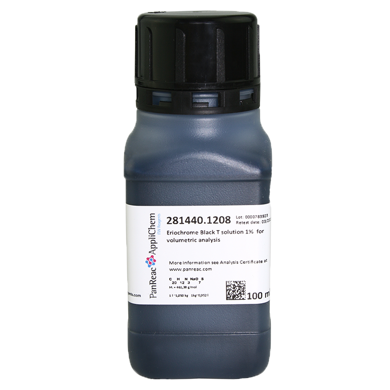 Negro de Eriocromo T solucin 1% para anlisis volumtrico, 100 mL (Acido 3-Hidroxi-4-[(1-Hidroxi-2-Naftalenil)azo]-7-Nitro-1-Naftalenosulfnico Sal Sdica, Mordant Black 11), PANREAC APPLICHEM®