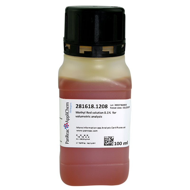 Rojo de Metilo solucin 0,1% para anlisis volumtrico, 100 mL (Acid Red 2, Acido 2-[4-(Dimetilamino)Fenilazo]Benzoico), PANREAC APPLICHEM®
