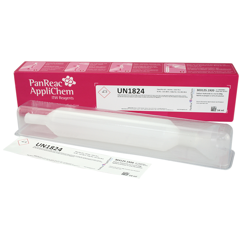 Sodio Hidrxido 0,1 mol (4,000g NaOH) para preparar 1l de solucin volumtrica 0,1N, amp54mL, PANREAC APPLICHEM®