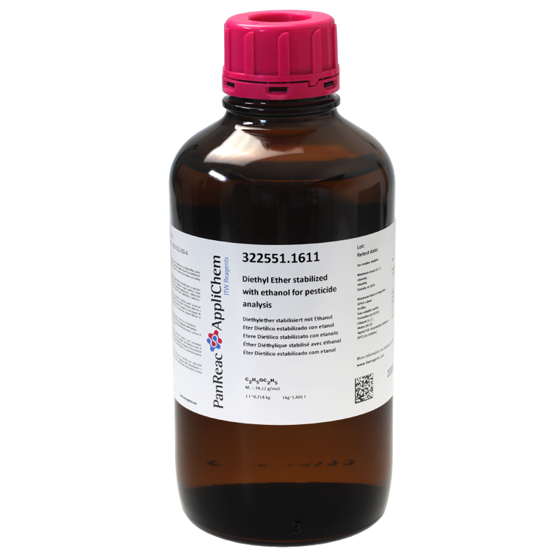 Eter Dietlico estabilizado con etanol para anlisis de pesticidas, 1000 mL (1,1#-OxibisEtano, Dietil Eter, Eter Etlico, Eter Sulfrico, Etoxi Etano, Oxido de Etilo), PANREAC APPLICHEM®