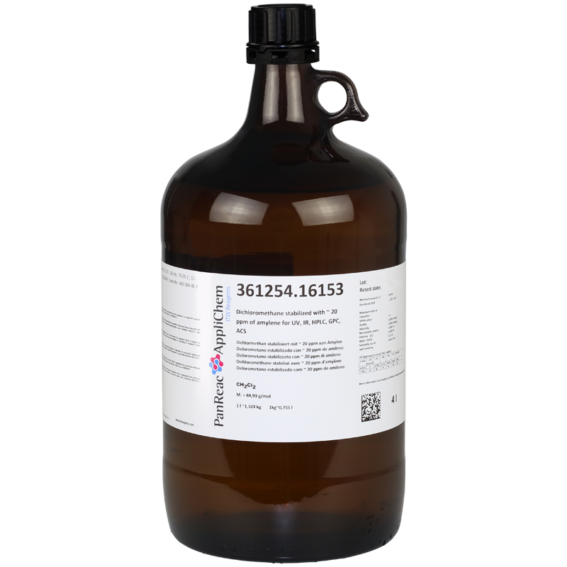 Diclorometano estabilizado con ~ 20 ppm de amileno para UV, IR, HPLC, GPC, ACS, 4 L (Cloruro de Metileno, Metileno Dicloruro), PANREAC APPLICHEM®