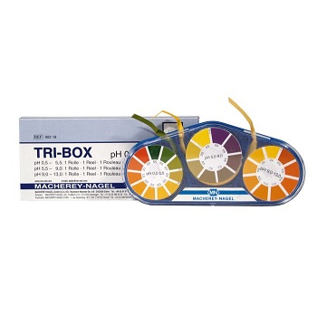 Coleccin papel indicador pH TRI-BOX pH 0,5 - 13,0. Rollo 5m largo y 7mm ancho, 3 rollos de papel indicador especial de 5 m Largo y 7 mm ancho, MACHEREY-NAGEL®