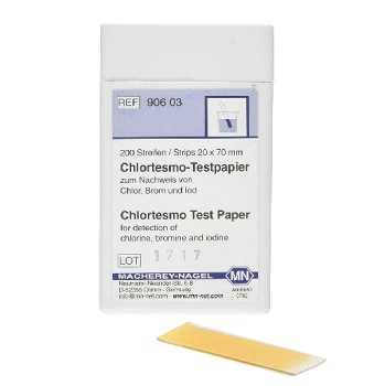CHLORTESMO (papel cualitativo p/ deteccin halgenos libres: Cloro, Bromo, Iodo / Yodo). Tiras 20x70mm, Caja de 200 Unid, MACHEREY-NAGEL®