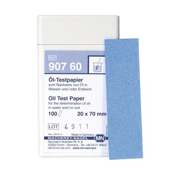 Aceite, papel ensayo cualitativo (deteccin de contaminacin por aceites lubricantes, gasolinas, fuel, hidrocarburos, combustibles en aguas y suelos / AdBlue™).Tiras 20x70mm, Caja de 100 Unid, MACHEREY-NAGEL®