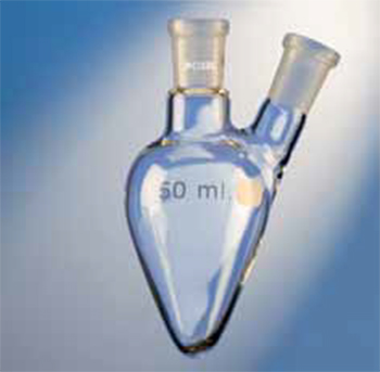 Matraz forma corazn, c/ dos bocas esmeriladas, vidrio borosilicato, POBEL®