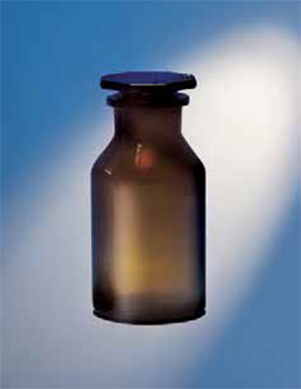 Frasco boca ancha, vidrio topacio POBEL® cal-soda, c/ tapn de vidrio y boca esmerilada