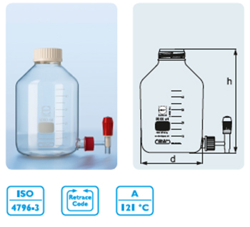 Frasco con tubuladura, cuello con rosca DIN GL80, tubuladura GL32 en la base y llave punzn PTFE, vidrio DURAN®