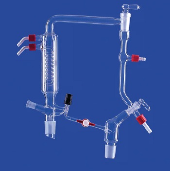 Cabezal de destilación c/ llave PTFE, c/ columna NS 29/32 y receptor NS 29/32, fabricado c/ tubo DURAN™, vidrio, LENZ®