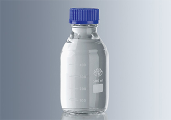 Frasco cilndrico, rosca ISO, vidrio borosilicato 3.3 Simax™, MARIENFELD SUPERIOR®, vidrio claro, rosca DIN GL 45, c/anillo de vertido y tapa roscada PP azul, ISO 4796, autoclavable, graduacin blanca