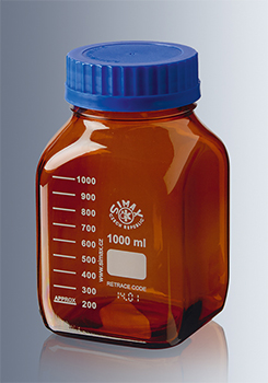 Frasco cilndrico, rosca ISO, vidrio borosilicato 3.3 Simax™, MARIENFELD SUPERIOR®, c/recubrimiento color mbar, rosca DIN GL 45, c/anillo de vertido y tapa roscada PP azul, ISO 4796, autoclavable, graduacin blanca