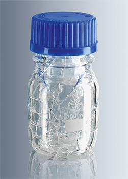 Frasco de seguridad, vidrio borosilicato 3.3 Simax™, c/recubrimiento de PU, MARIENFELD SUPERIOR®, vidrio claro, rosca DIN GL 45, c/anillo de vertido y tapa roscada PP azul, ISO 4796, graduacin blanca
