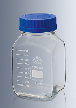 Frasco cuadrado, boca ancha, vidrio borosilicato 3.3 Simax™, MARIENFELD SUPERIOR®, vidrio claro, rosca DIN GL 80, c/anillo de vertido y tapa roscada PP azul, ISO 4796, autoclavable, graduacin blanca