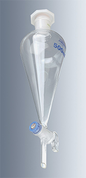 Embudo de decantacin Squibb, vidrio borosilicato 3.3, MARIENFELD SUPERIOR®, DIN ISO 4800, c/tapn esmerilado NS 29/32 de PE, c/llave c/macho NS de PTFE, sin graduacin