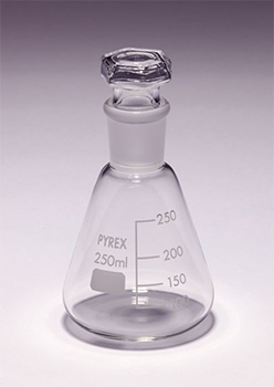 Matraz Erlenmeyer, boca esmerilada, vidrio borosilicato, PYREX&reg;, c/ tap�n de vidrio esmerilado, graduado