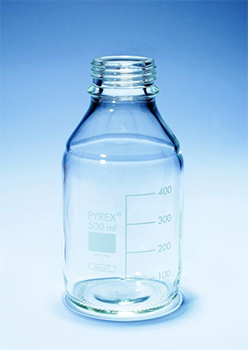 Frasco cilndrico, rosca ISO, vidrio borosilicato PYREX®, c/ rosca DIN GL45 boca estrecha, sin tapn ni anillo de vertido, cuello estrecho