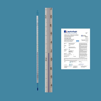Termómetro de inmersión total c/ certificado de calibración, interior de líquido coloreado azul, Rango de temperatura: 0...+50 ºC, Resolución: 0.1 ºC, L=420 mm, d=8-9.5 mm, s/ DIN 12775, c/ certificado de calibración DKD-Certificate (DAkkS) en 4 ptos, vidrio, AMARELL®